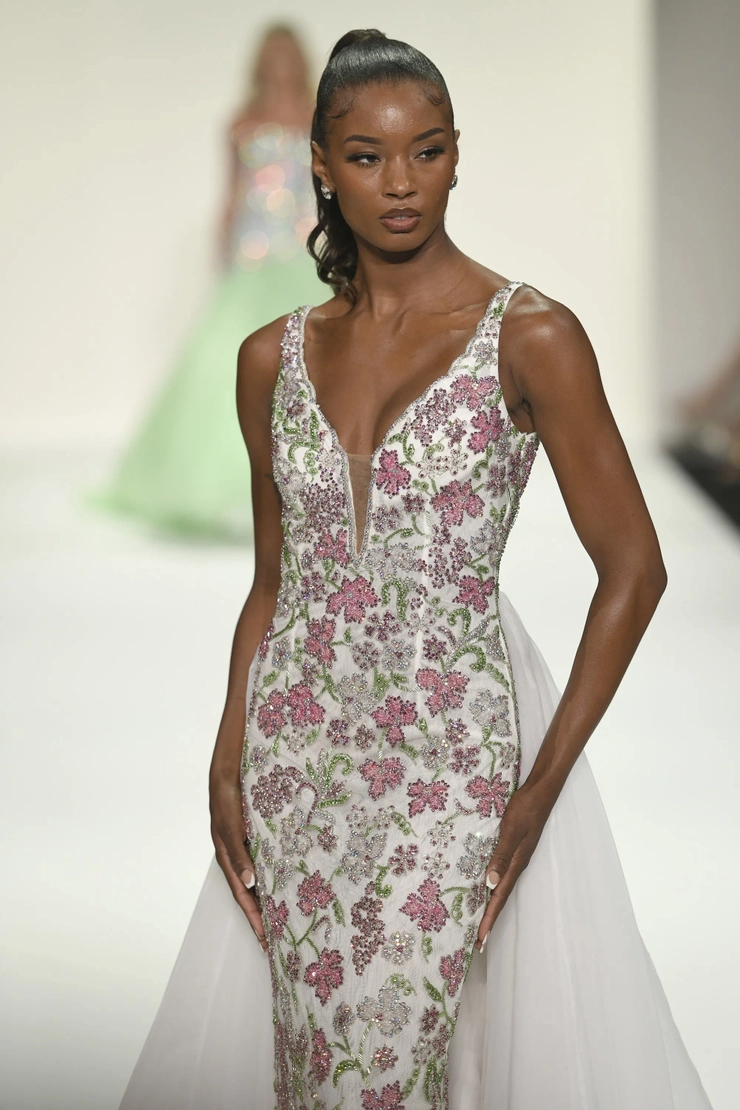 Sherri Hill Style #56390 #4 Ivory/Pink/Green frontface vertical cropped picture