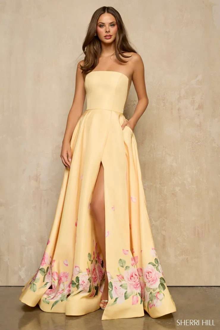 Sherri Hill Style #57760 #0 default Yellow Print frontface vertical picture