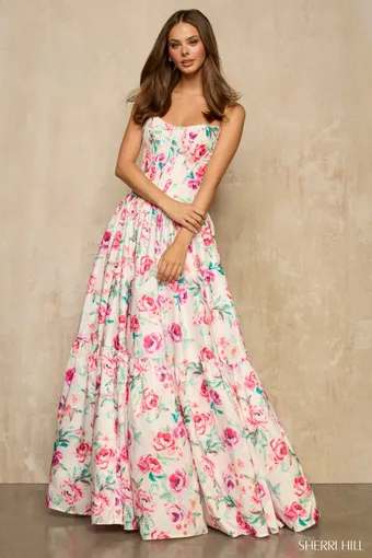 Sherri Hill 57948   Floral A-Line Tiered Gown - Formal Occasion Dress #0 default frontface vertical thumbnail