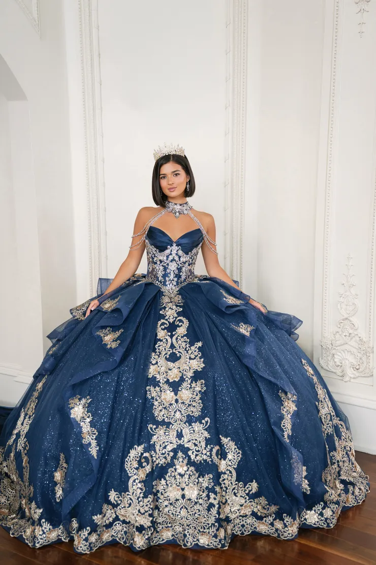 AmaBella Quinceanera Style #Q1080 #0 default Navy/Gold frontface vertical picture