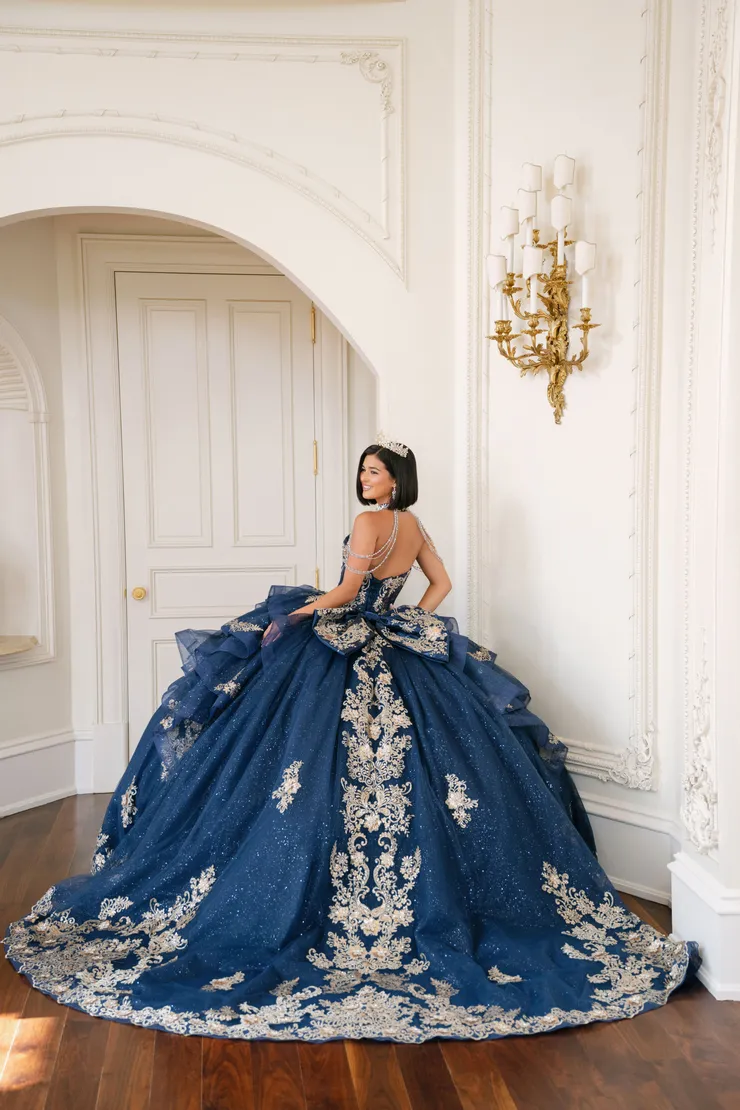 AmaBella Quinceanera Style #Q1080 #1 Navy/Gold backface vertical picture