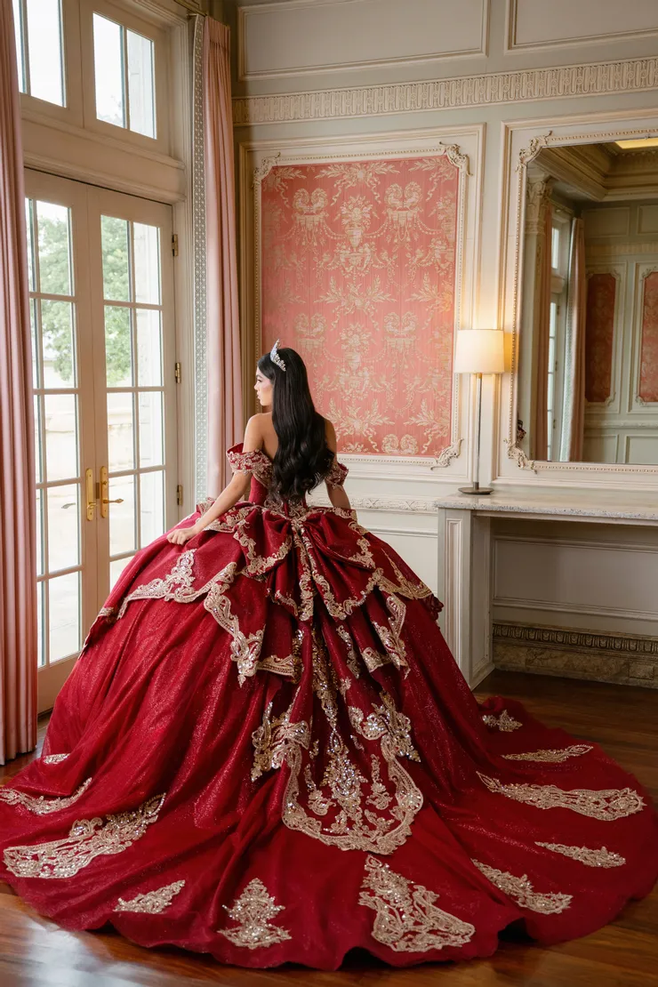 AmaBella Quinceanera Style #Q1089 #1 default Sangria/Gold backface vertical picture