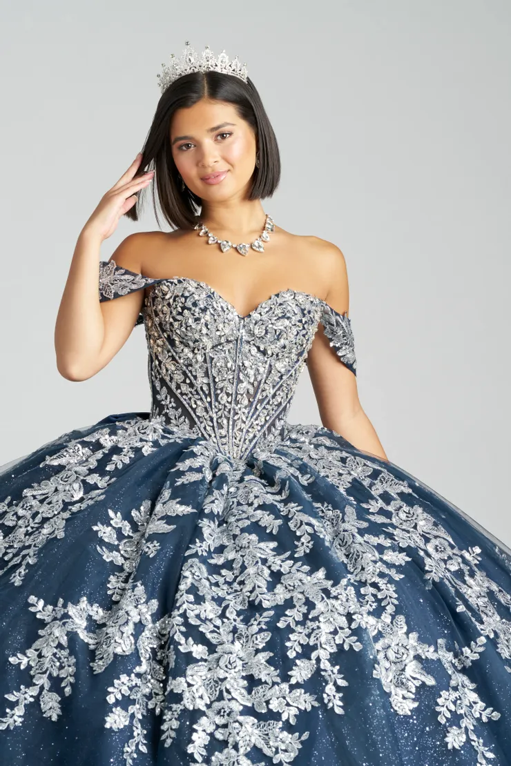 AmaBella Quinceanera Style #QA161 #4 Navy/Silver frontface vertical cropped picture