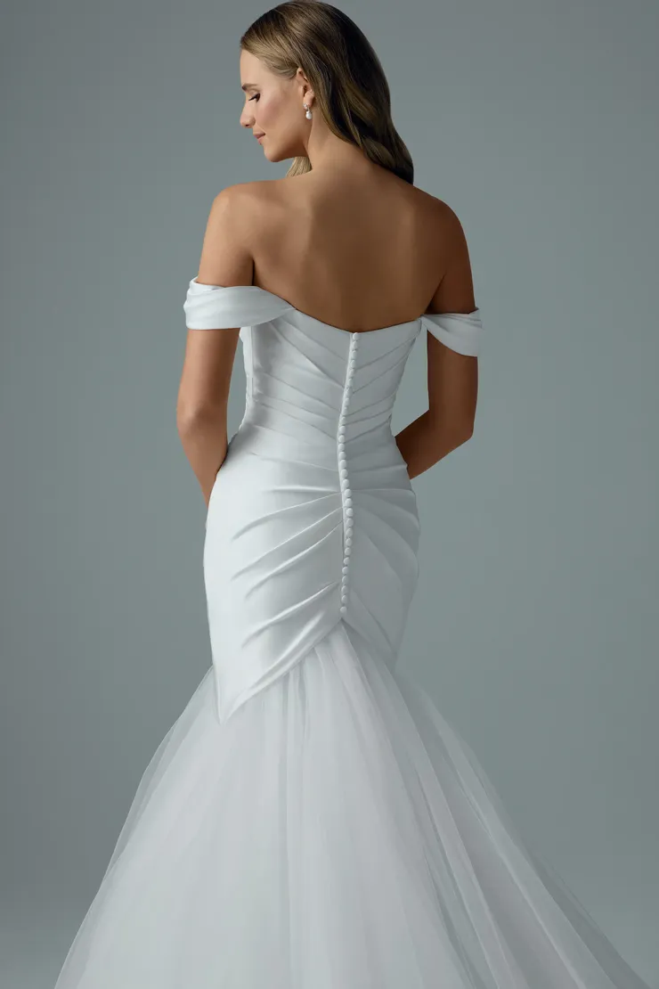 Draped Satin Bridal Gown with Tulle Mermaid Skirt Eve #7 Ivory backface vertical cropped picture