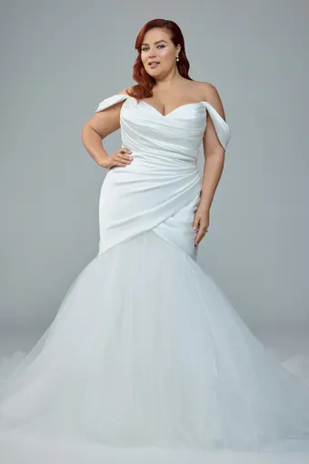 Draped Satin Bridal Gown with Tulle Mermaid Skirt Eve $5 Ivory frontface vertical thumbnail