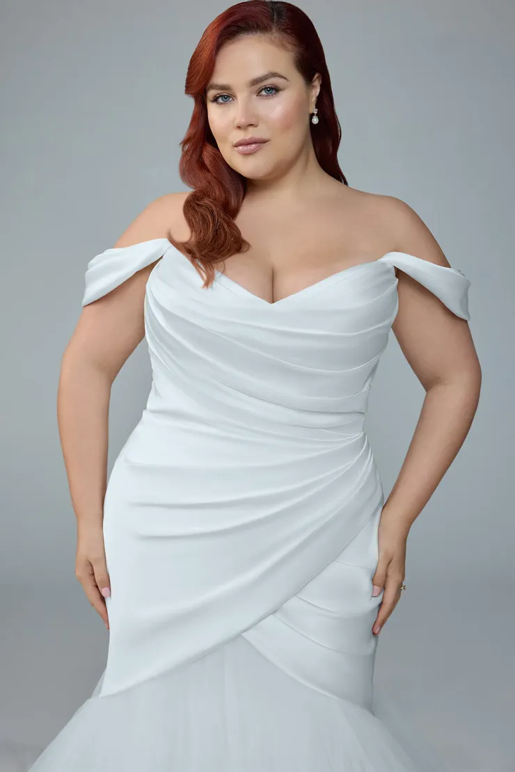 Draped Satin Bridal Gown with Tulle Mermaid Skirt Eve #6 Ivory frontface vertical cropped picture