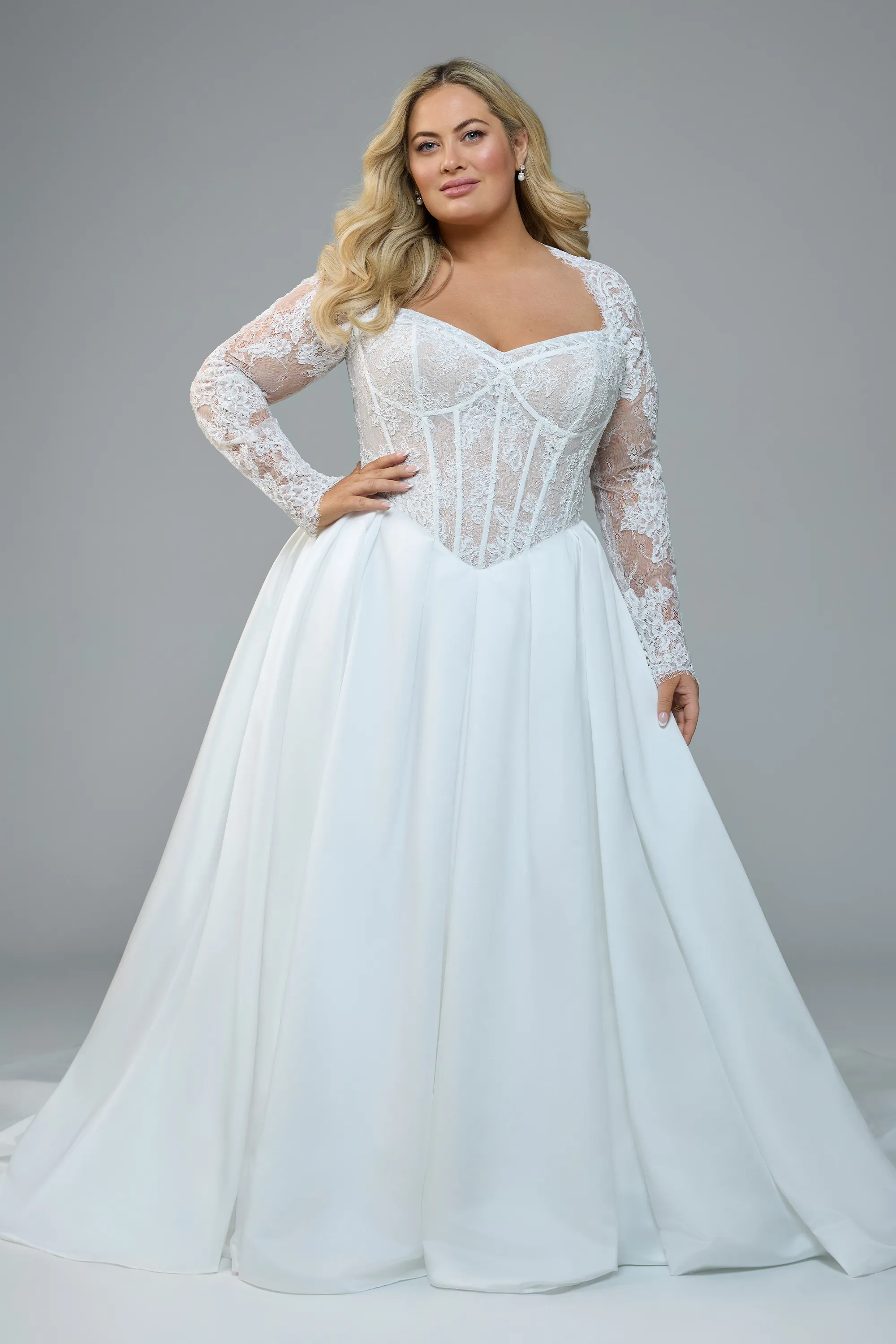 sachin and babi light blue dress Lace Sleeve Charmeuse A-Line Wedding Gown Katelyn