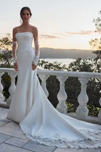Strapless Fit and Flare Bridal Gown with Straight Neckline Selene $2 Ivory frontface vertical thumbnail