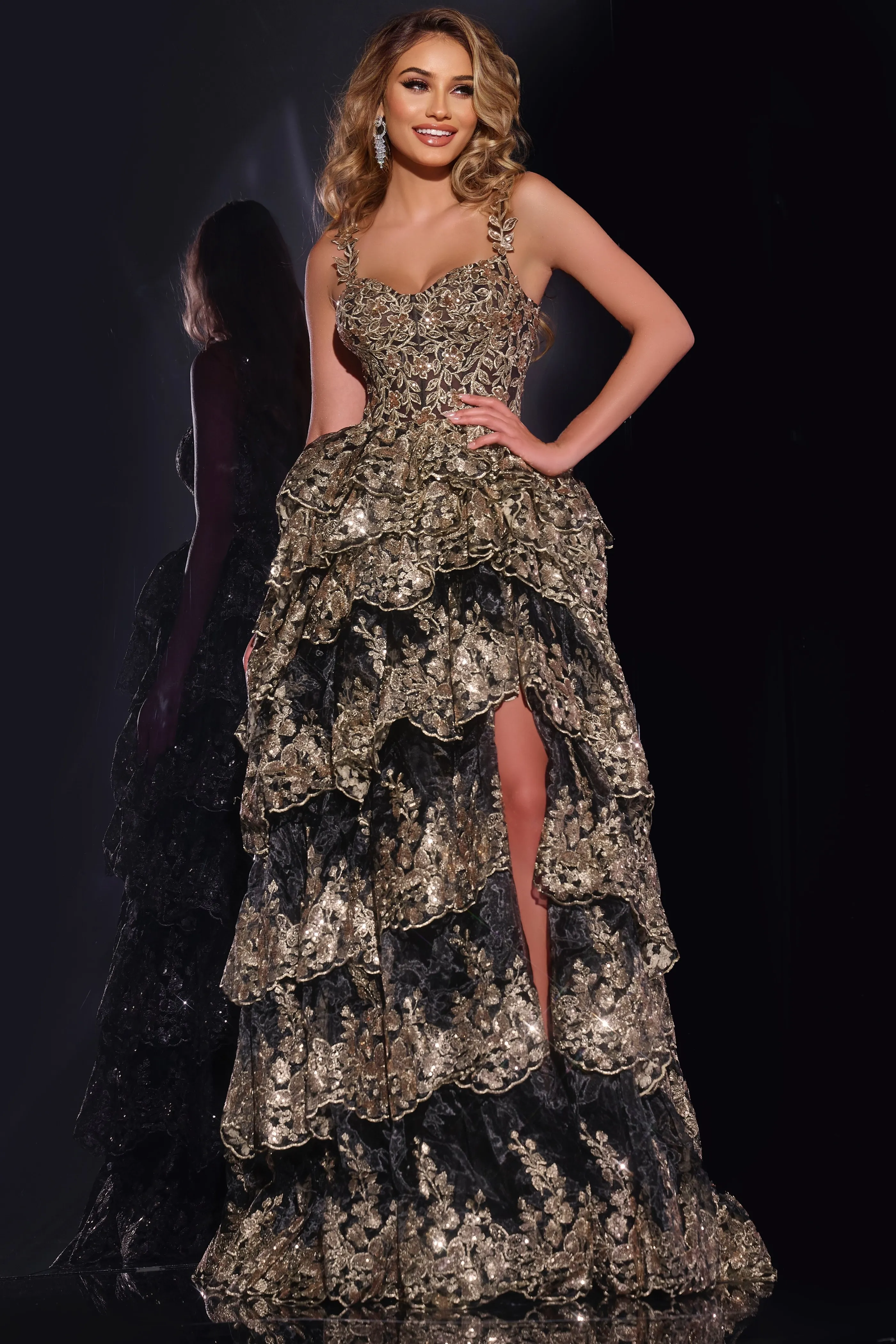 green emerald velvet dress Emerald Green Square Neck Ruffle Slit Prom Dress – FancyVestido