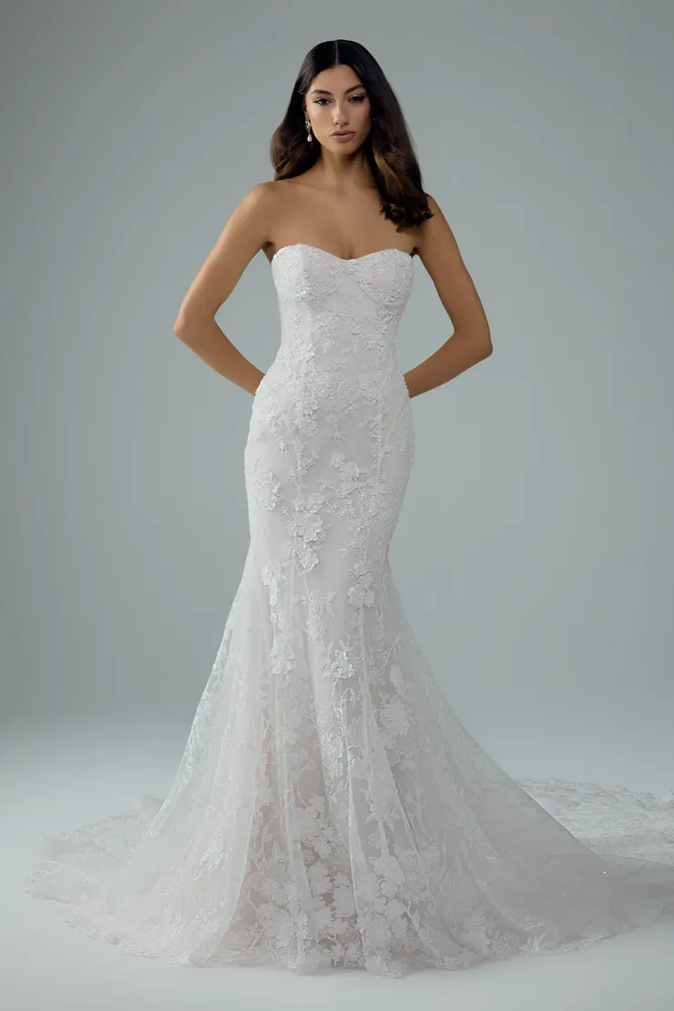 Strapless Fit-and-Flare Wedding Dress with 3D Floral Lace Cosette #1 Ivory frontface vertical picture