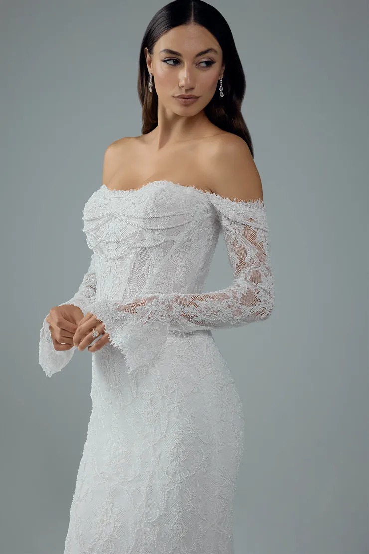 Sexy Fit and Flare Wedding Dress with Draped Pearls Constance #5 Ivory frontface vertical cropped picture