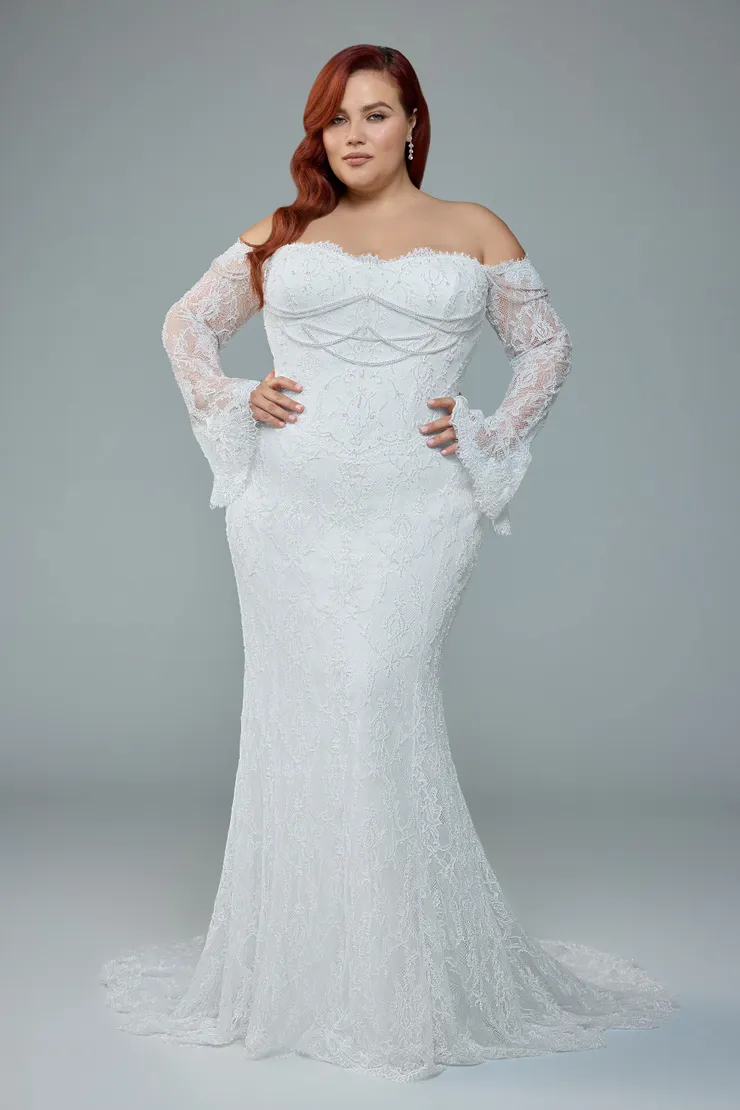 Modern Fit and Flare Bridal Gown with Pearl Draping Constance