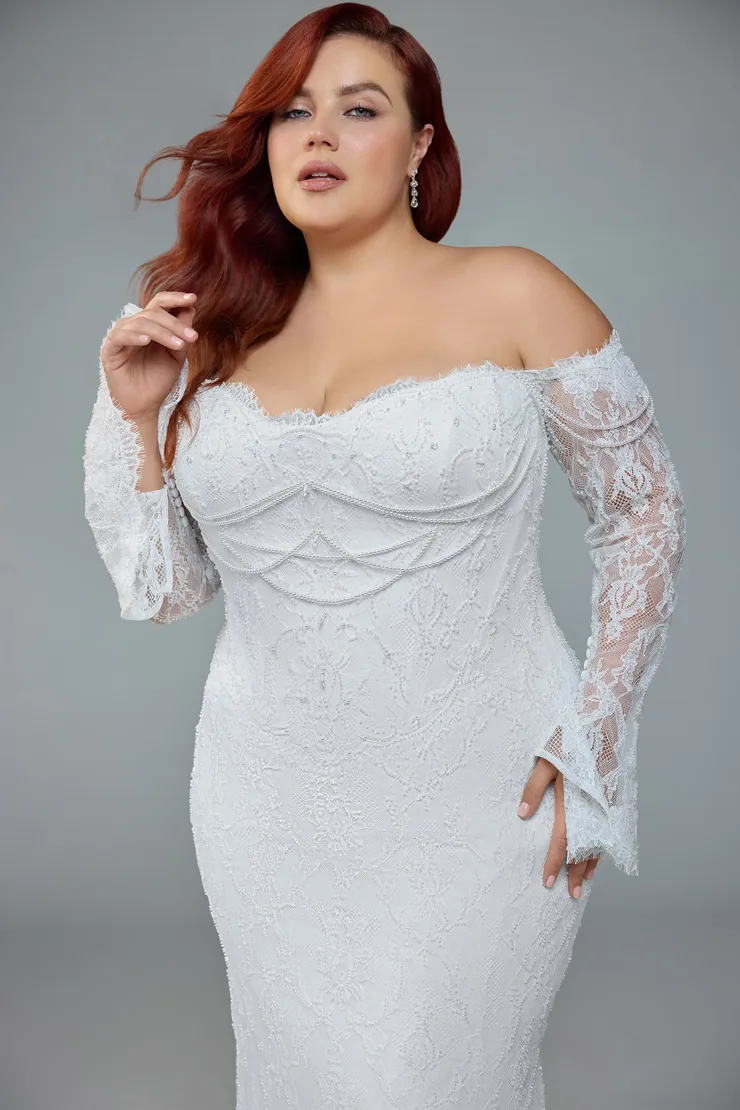 Modern Fit and Flare Bridal Gown with Pearl Draping Constance #1 Ivory frontface vertical cropped picture