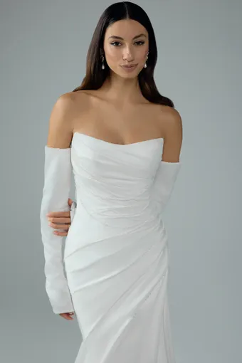 Satin Fit-and-Flare Wedding Dress with Draped Pearls Rosemary $3 Ivory frontface vertical cropped thumbnail