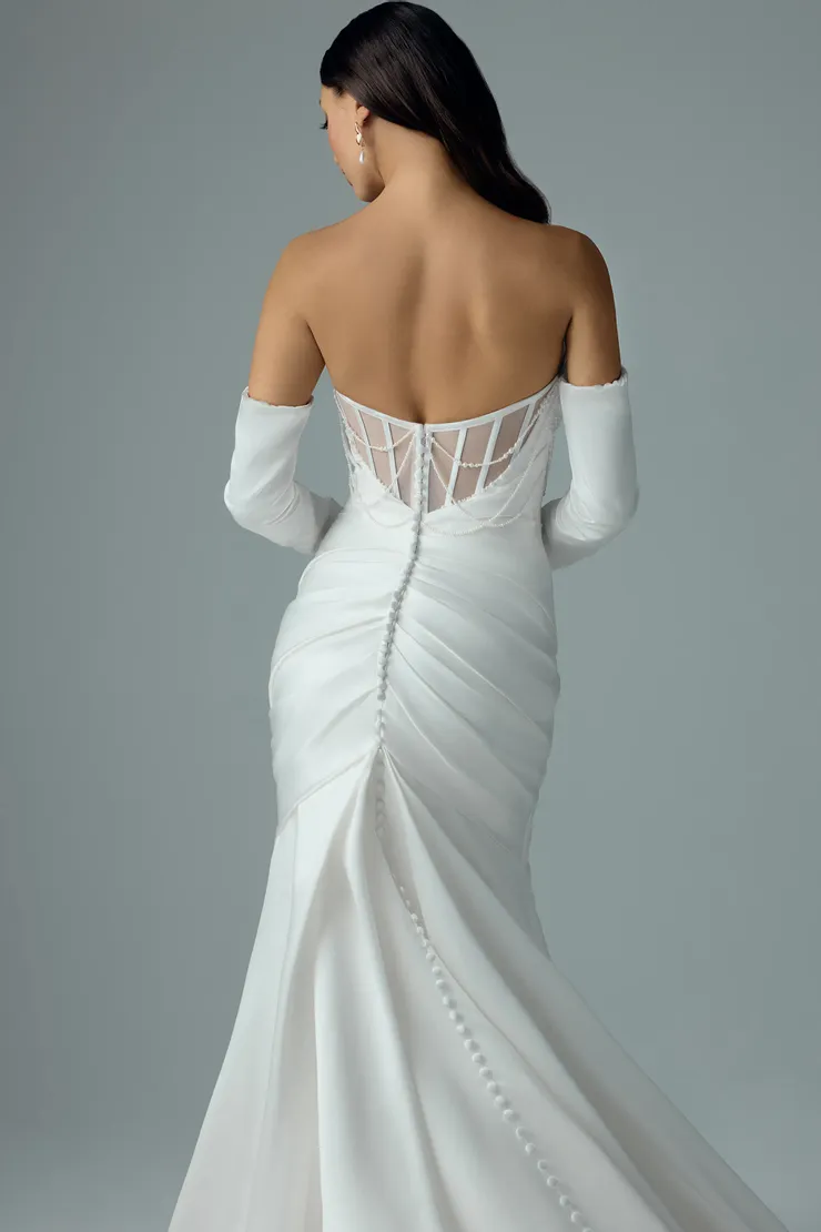 Satin Fit-and-Flare Wedding Dress with Draped Pearls Rosemary #1 Ivory backface vertical cropped picture