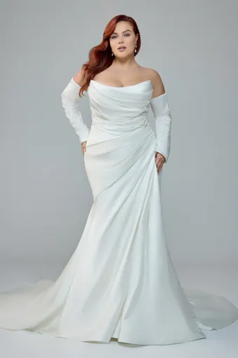 Satin Fit-and-Flare Wedding Dress with Draped Pearls Rosemary $0 default Ivory frontface vertical thumbnail