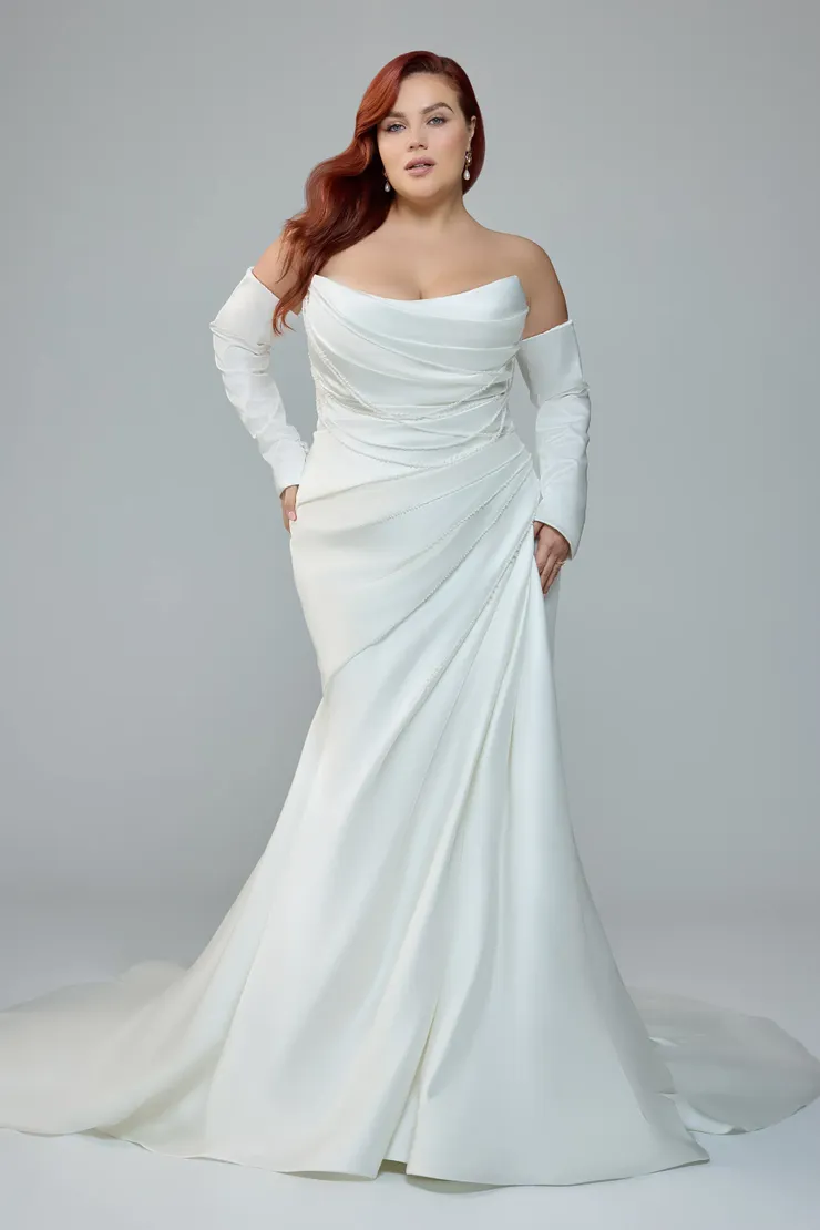 Satin Fit-and-Flare Wedding Dress with Draped Pearls Rosemary