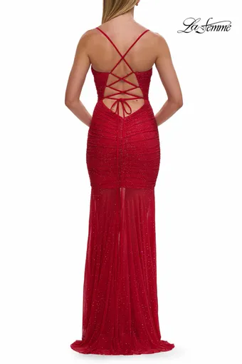 La Femme 33558   Elegant Mermaid Gown with Ruched Bodice & Sheer Skirt #2 Red backface vertical thumbnail