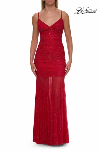 La Femme 33558   Elegant Mermaid Gown with Ruched Bodice & Sheer Skirt #1 Red frontface vertical thumbnail