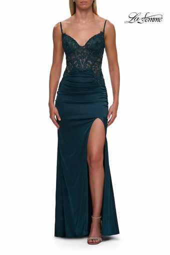 La Femme 33624   Elegant Sheath Gown with V-neck Bodice and High Slit #1 Dark Teal frontface vertical thumbnail