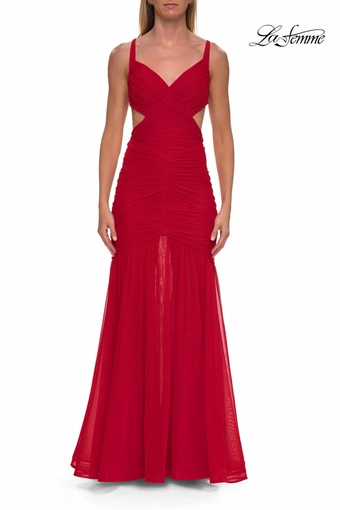 La Femme 33626   Elegant Mermaid Gown with Ruched Bodice and Cutouts #1 Red frontface vertical thumbnail