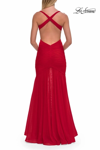 La Femme 33626   Elegant Mermaid Gown with Ruched Bodice and Cutouts #4 default Red backface vertical thumbnail