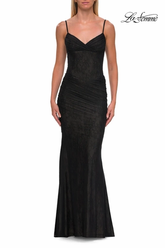 La Femme 33632   Elegant Trumpet Gown with Ruched Bodice and Delicate Straps #1 Black frontface vertical thumbnail