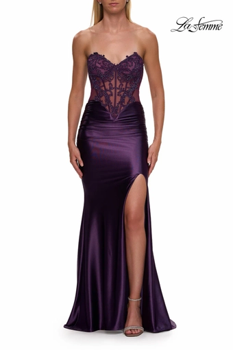 La Femme 33639   Elegant Strapless Trumpet Gown with Lace Bodice and Slit #3 Eggplant frontface vertical thumbnail