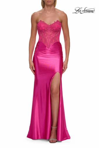 La Femme 33639   Elegant Strapless Trumpet Gown with Lace Bodice and Slit #1 Hot Pink frontface vertical thumbnail