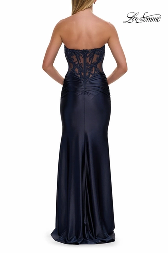 La Femme 33639   Elegant Strapless Trumpet Gown with Lace Bodice and Slit #7 Navy backface vertical thumbnail