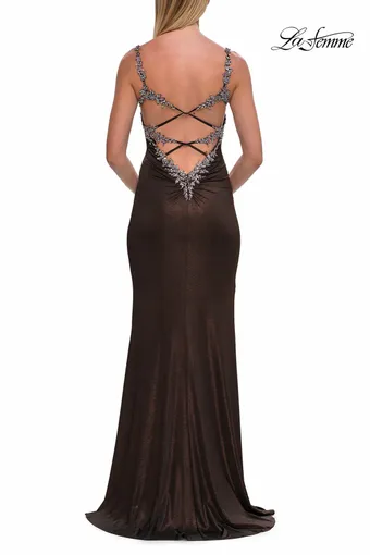 La Femme 33664   Elegant Floor-length Sheath Gown with Embellished Neckline #3 Bronze backface vertical thumbnail