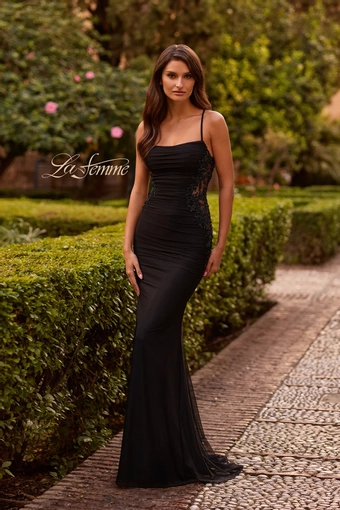 La Femme 33678   Elegant Mermaid Gown with Ruched Bodice and Side Panels #0 default Black frontface vertical thumbnail