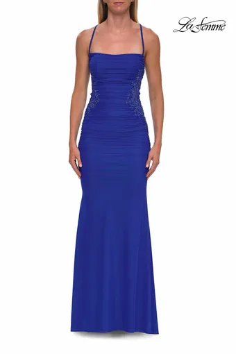 La Femme 33678   Elegant Mermaid Gown with Ruched Bodice and Side Panels #2 Royal Blue frontface vertical thumbnail