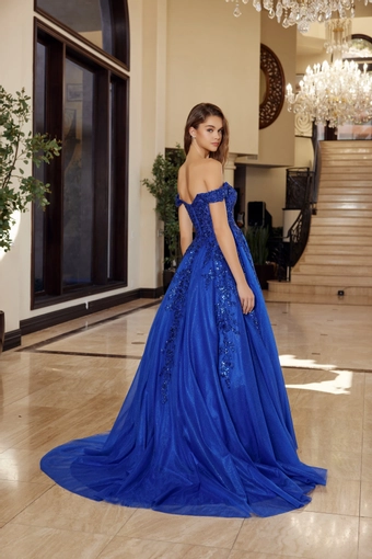 Nox Anabel H1881   Off-Shoulder V-Neck Ballgown with Sequin Embellishments #4 backface vertical thumbnail