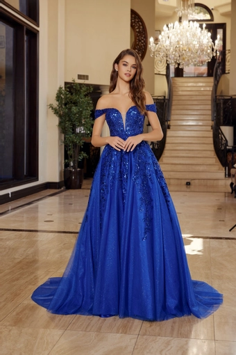 Nox Anabel H1881   Off-Shoulder V-Neck Ballgown with Sequin Embellishments #1 frontface vertical thumbnail