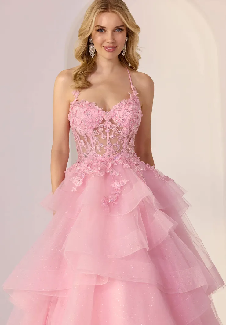 Morilee Style #49279 Ball gown party dress has a sheer corset bodice with beaded floral lace and halter straps on a tiered casading ruffle tulle skirt. #2 frontface vertical cropped picture