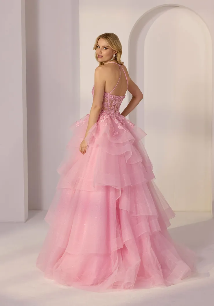 Morilee Style #49279 Ball gown party dress has a sheer corset bodice with beaded floral lace and halter straps on a tiered casading ruffle tulle skirt. #1 default backface vertical picture