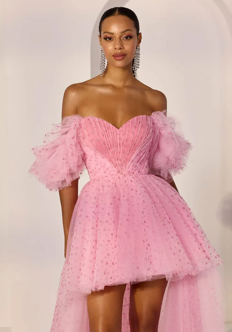 Morilee Style #49280 Hi-Low party dress has a ruched sweetheart bodice with ruffle off-the-shoulder sleeves on flocked heart printed glitter tulle. #2 frontface vertical cropped picture
