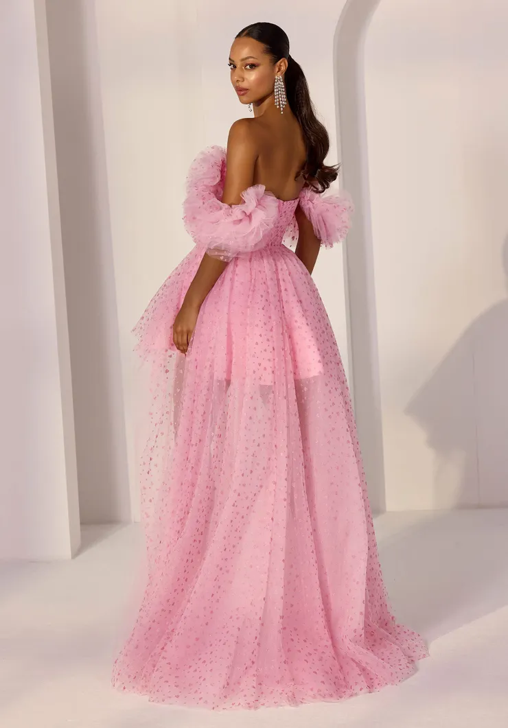 Morilee Style #49280 Hi-Low party dress has a ruched sweetheart bodice with ruffle off-the-shoulder sleeves on flocked heart printed glitter tulle. #1 default backface vertical picture