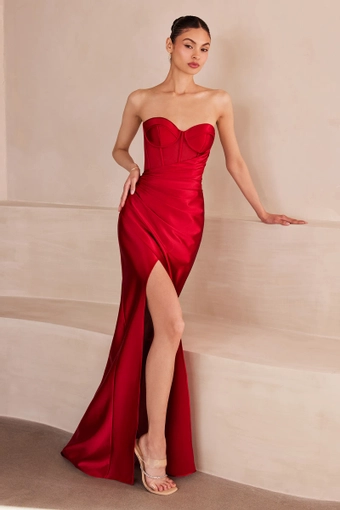 Amoris T708   Sleek Strapless Gown with Slit & Lace-Up Back #7 frontface vertical thumbnail