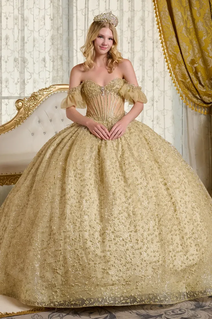 yellow gold quince dress Gold Off Shoulder Tulle Quinceanera Dresses With Lace Appliques Gold / 14 main image 0