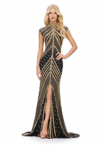 Ashley Lauren 1624  Fitted Beaded High-Neck Evening Gown with Slit #12 frontface vertical thumbnail
