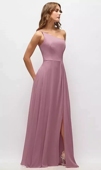 After Six 1555 One-Shoulder Chiffon Maxi Dress with Shirred Front Slit #0 vertical thumbnail