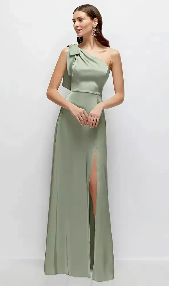 one shoulder draped bridesmaid dress Stacees Fitted Bow One-Shoulder Satin Draped Bridesmaid Dress with Slit