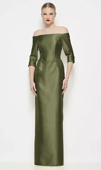 After Six 6936  Off-the-Shoulder 3/4 Sleeve Column Satin Maxi Dress #0 default frontface vertical thumbnail