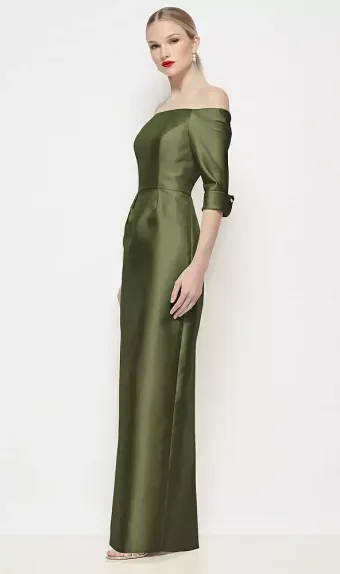 After Six 6936  Off-the-Shoulder 3/4 Sleeve Column Satin Maxi Dress #1 frontface vertical thumbnail