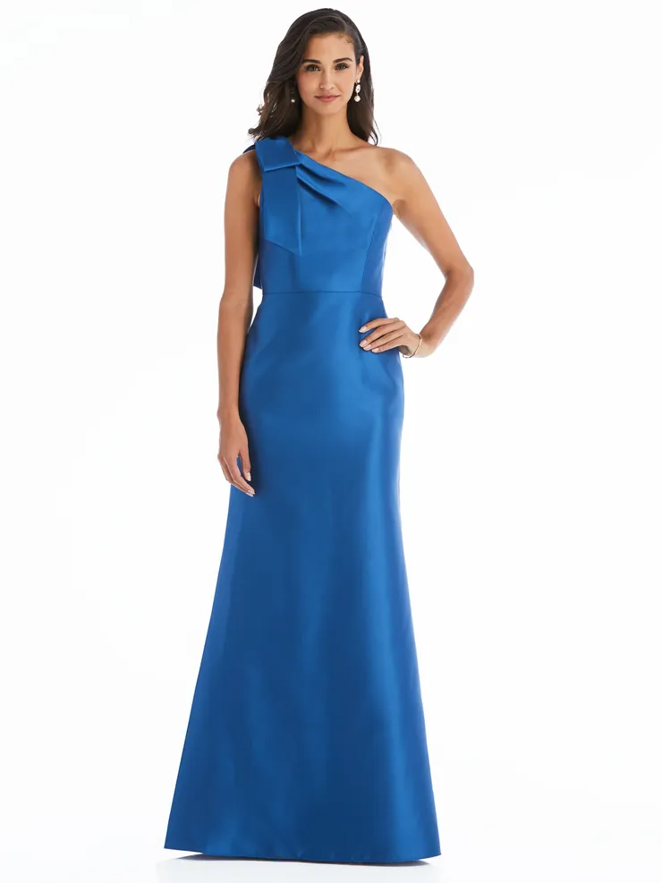 Alfred Sung Bow One-Shoulder Satin Trumpet Gown - D794 - Brown - 8 Alfred Sung Bow One-Shoulder Satin Trumpet Gown - D794 - Brown - 8