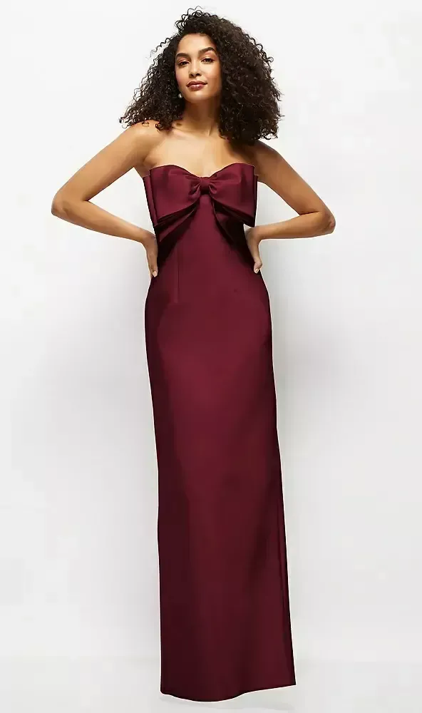 alfred sung burgundy dress D859 Satin Strapless Column Bridesmaid burgundy dress