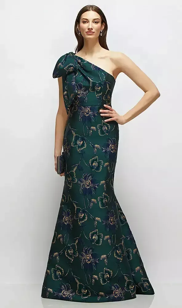 alfred sung bridesmaid dresses sale D879OMF One-Shoulder Trumpet Gown with Bow Size:11/12 as a portrait neckline sizechart-one-shoulder-maxi-dress-default HoCo Debut Mini Dress