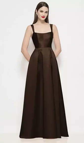 Alfred Sung D898  Shaped Strap Basque Neck Satin Maxi Dress with Pleated Skirt #0 default frontface vertical thumbnail